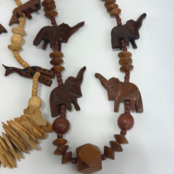 Lot of 6 Vtg Wood Carved Safari Animal Bead Necklace & Earrings Elephant Giraffe - Picture 7 of 16